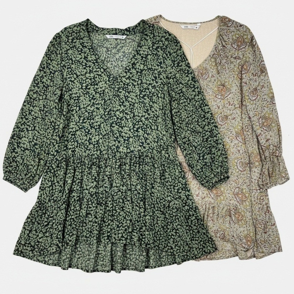 Zara Tiered Mini Dress Bundle Lot TWO Women XS Green‎ Animal Paisley Long Sleeve